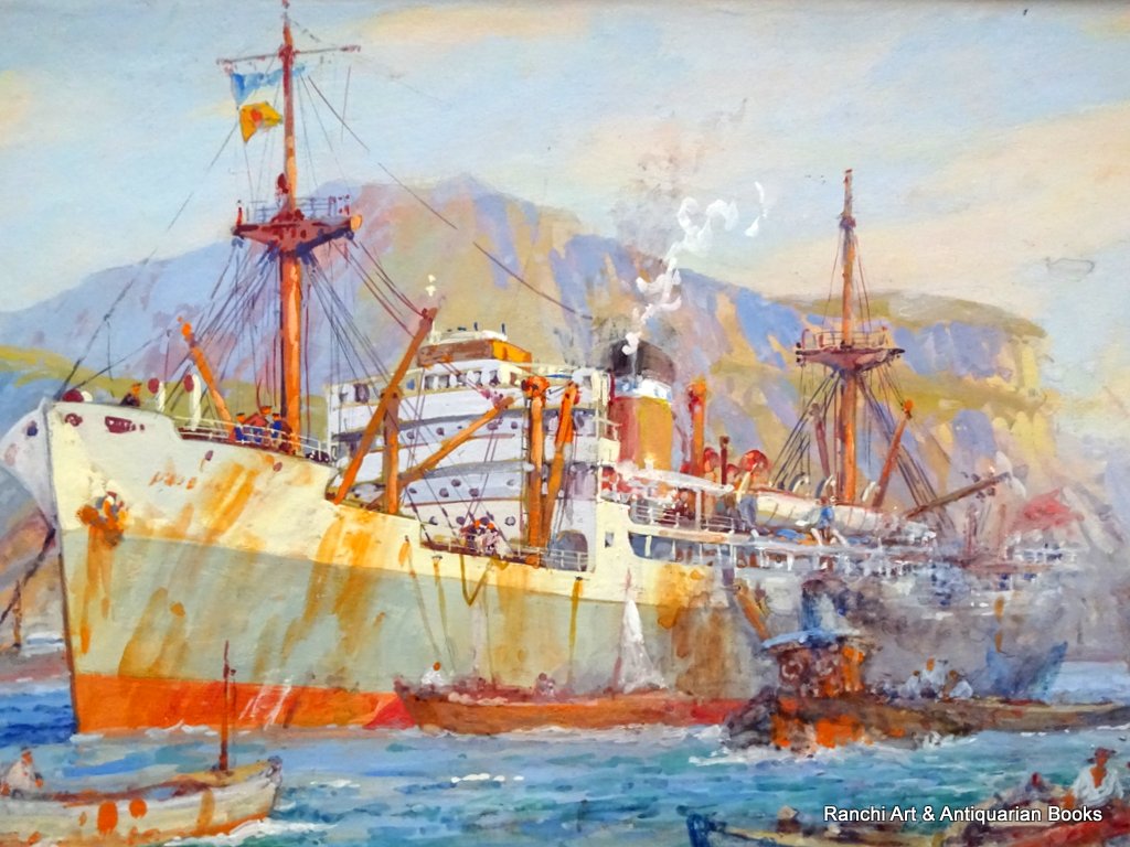 Cargo ship working at moorings Palermo Harbour watercolour and gouache signed Ellis Silas c1924. Detail.