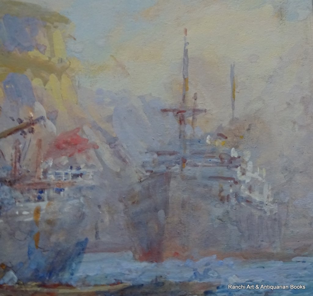 Cargo ship working at moorings Palermo Harbour watercolour and gouache signed Ellis Silas c1924. Detail.