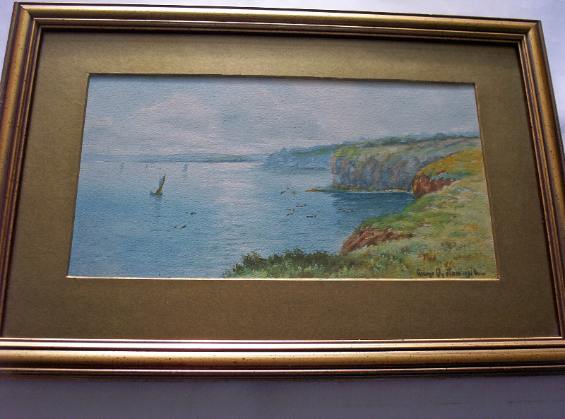 Oyston, George. Coastal scene with Boats, signed. 1916.
