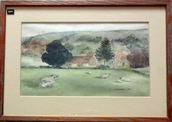 Didling village West Sussex, watercolour, signed A. Marshall/87. 1987.