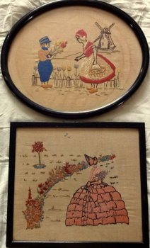 A Pair of Vintage English Samplers on linen, cross-stitch, framed. c1930. 