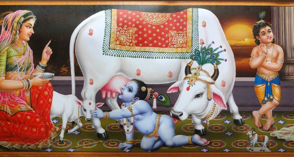 Krishna as a Baby with the Cows, Krishna &amp; Yashoda, Indian print, c1960.
