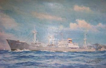 Greek flagged cargo ship "Polaris", oil on canvas, signed G. Yamataka 1958. Framed.  SOLD  09.08.2017.