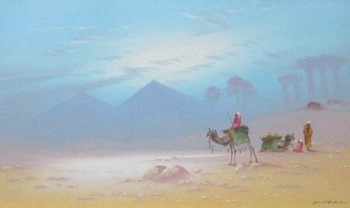 Resting near the Pyramids, gouache on paper, signed Frank Holmes, c1920. Fr