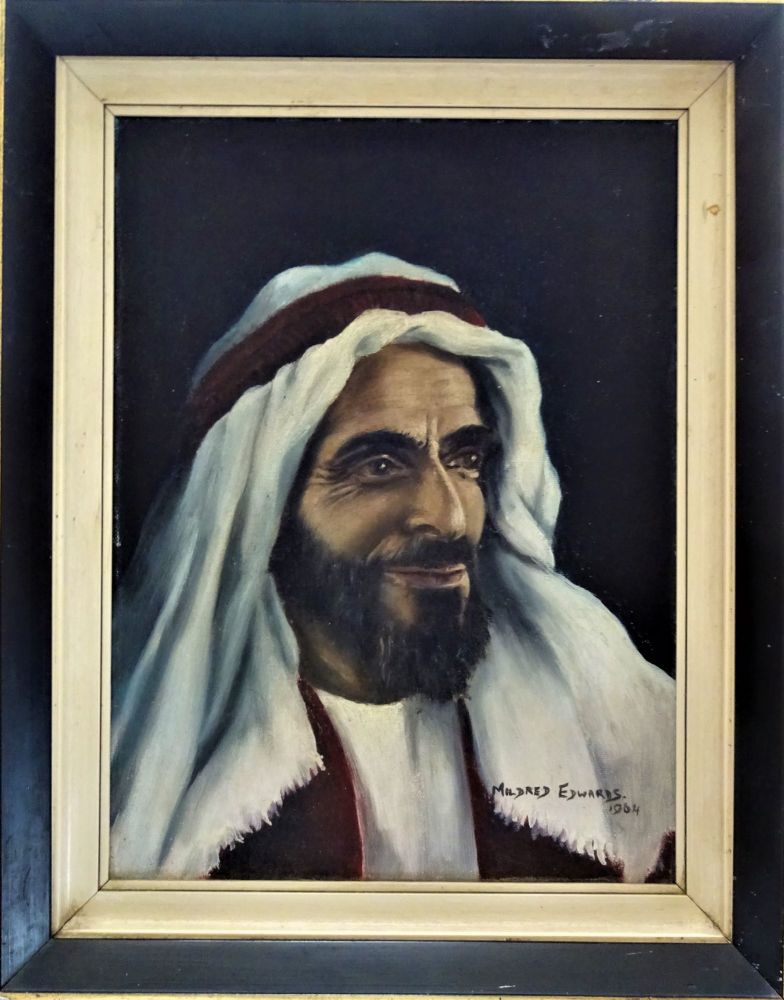 Shakhbut Bin Sultan Al Nahyan 1905 1989 Portrait Oil On Daler Canvas Board Signed Mildred Edwards 1964 Framed Sold 11 07 2019