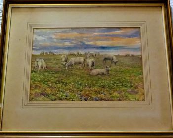 Grazing Sheep, landscape, watercolour on paper, signed Taffy Davidson 1917. Framed.
