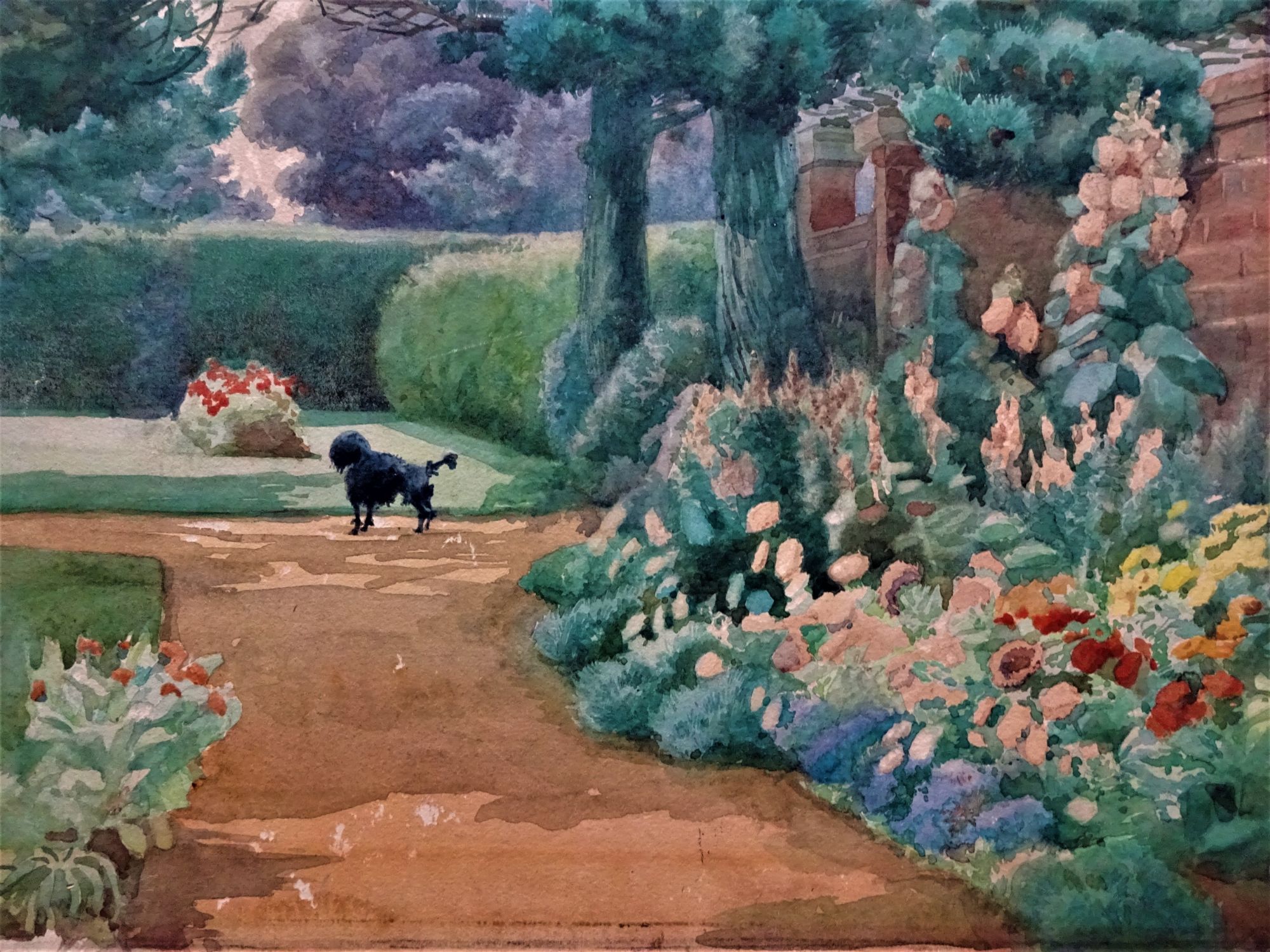 The Errant Poodle in an English Garden, watercolour on card, unsigned, c1920. Framed.