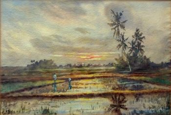 In the Paddy Fields at Sunset, Malaya, watercolour, signed Adie, c1920. Framed. 