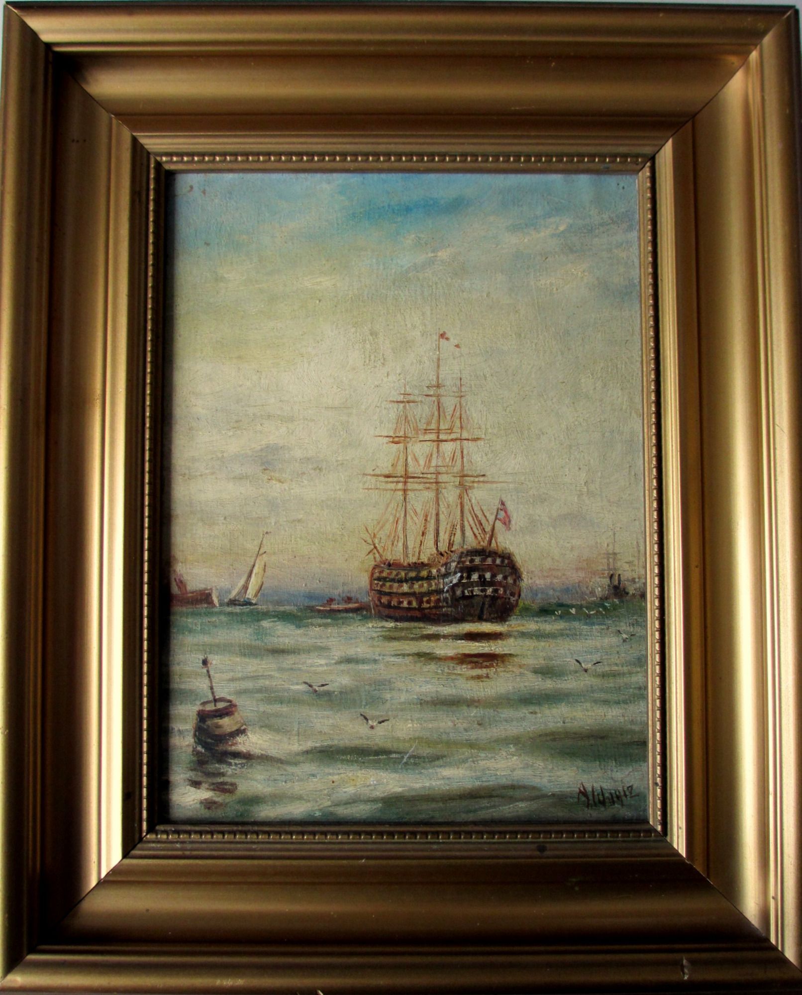HMS Victory, oil, signed A.W. 1912.