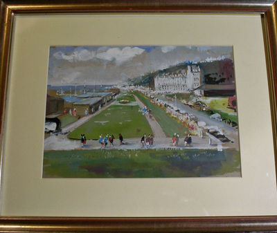 FOLKESTONE PROMENADE , WATERCOLOUR AND GOUACHE SIGNED JOHN V. EMMS C1960.