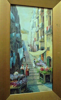 NEAPOLITAN STREET SCENE WITH FLOWER SELLER WATERCOLOUR SIGNED G.ROVINI c19
