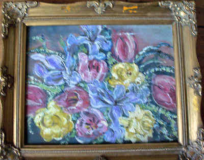 STILL LIFE STUDY OF FLOWERS IN OIL ON BOARD FRAMED c1980's