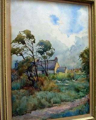 FARM NORTH SCALES WATERCOLOUR SIGNED MONOGRAM JG J.GEORGE DETAILS VERSO.