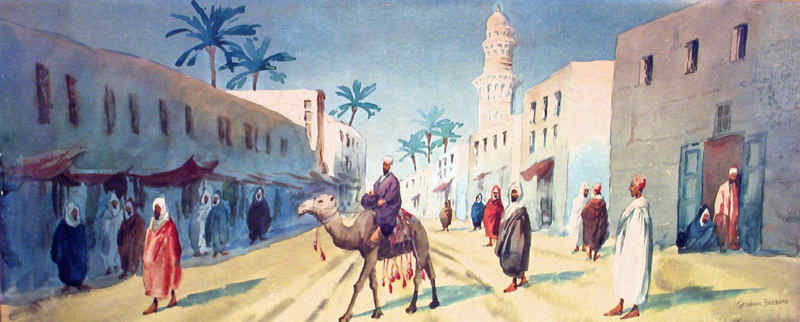 A busy street scene in a North African town by Giovanni Barbaro. c1900. Watercolour on paper pasted to acid board.