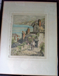 A COASTAL SCENE (CLOVELLY ROSE COTTAGE) COLOURED ETCHING BY HENRY G WALKER