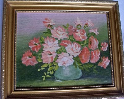 Miniature Roses, still-life study in oil on board, signed E.M. Lyons dated