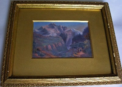 Continental mountain scene with figure, oil on card, signed FLB, c1900. SO