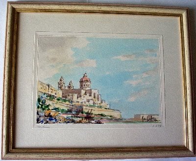 Mdina, watercolour signed Joseph Galea Malta dated 1973. SOLD.