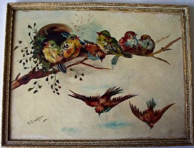 Birds of a feather, oil painting on board by Arthur Blackham dated 1902.