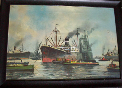 Busy docks scene, oil on canvas, signed Gyrth Russell. SOLD.