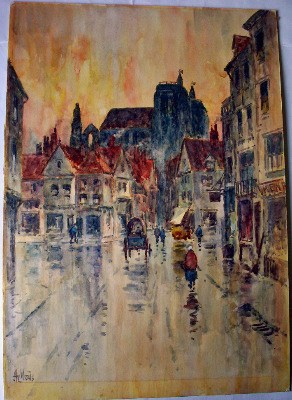 A rainy street scene in Abbeville, watercolour on card, signed Hy Woods, c1