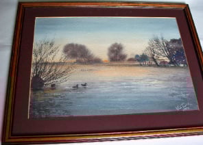 Sunset in Lincolnshire, watercolour signed by V.E. Tuff 1989. SOLD.