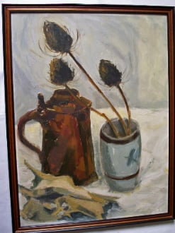 Still life study of stein, poulet roti and dried flowers, oil on board c198