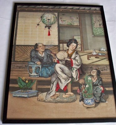 Family life, Japanese mixed media on silk. Late 19th/Early 20th C.