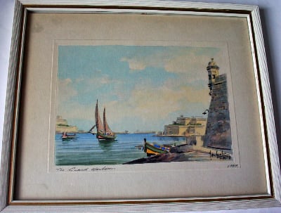 The Grand Harbour, watercolour on paper, signed Joseph Galea, Malta, 1969.