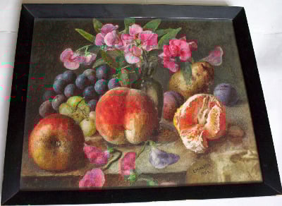 Still-life study of fruit and flowers on a table by G.W. Harris 1908.