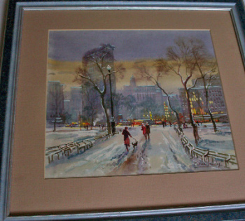 Flat Iron Building, Winter, New York signed by Michael Crawley, c1980. Framed. 