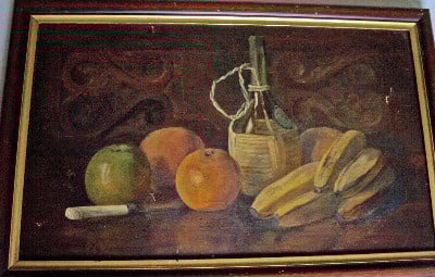 Still-life study of fruit and wine, signed monogram I.A.F. 1904.