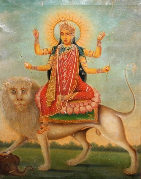 Durga Maa on lion with elephant in obeisance. 19th century bengali school oil on canvas in limed wooden frame.