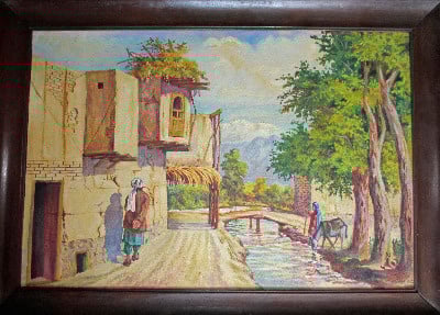 Afghan village scene with figures, oil on canvas, signed Qurban Ali, c1950.
