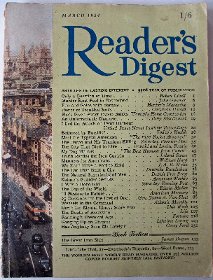 Reader's Digest, Volume 64, March 1954, price marked 1/6. British Edition.