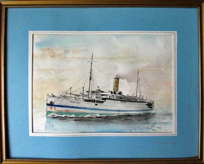 HMT Empire Clyde, pen,ink and watercolour, signed Gordon T. Kell, 1953.