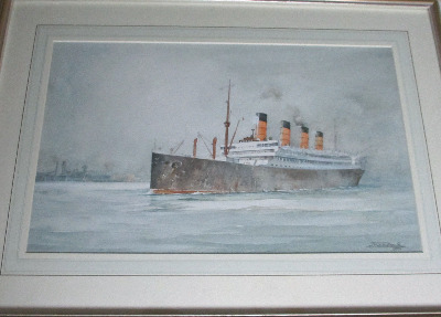 RMS Aquitania in Southampton Water, watercolour on textured paper, signed J