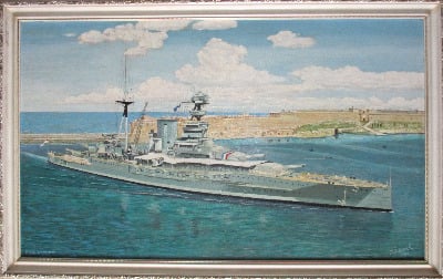 H.M.S. Barham entering Valletta Harbour 1937, signed J. Adcock 1975. SOL
