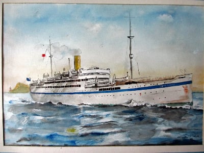 H.M.T. Dorsetshire, pen,ink and watercolour, signed Gordon T. Kell 1953.