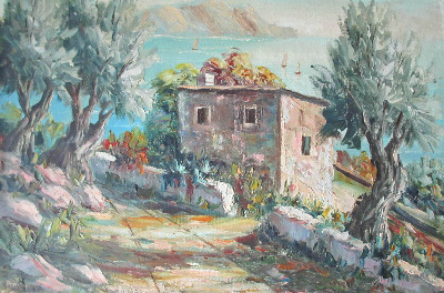 The Amalfi Coast, Italy, oil on canvas laid to board. signed Gomez, c1970.