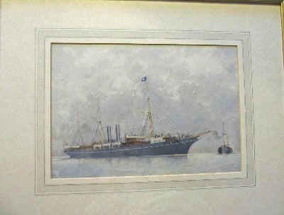 RMS Orinoco awaiting approaching pilot vessel, watercolour on textured pape