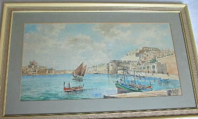 Valletta Harbour Malta, signed Joseph Galea, Malta, 1977. SOLD.