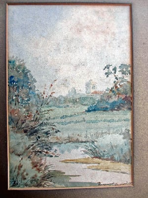 Ringwood Church viewed from Watermeadows, signed monogram RE, 1930.