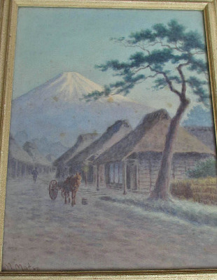 Fujiyama, village scene, signed by M. Matsu, c1930.