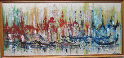 Aberdeen Harbour, Hong Kong, oil on canvas loose laid to board, signed Mg Y