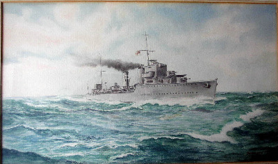 A Naval Warship at sea, watercolour on paper, signed G.W. Elliott, 1944.