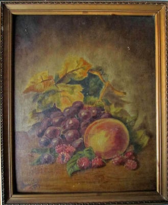 Still-life study of fruit on a table, oil on panel, signed J. Beveridge, 19