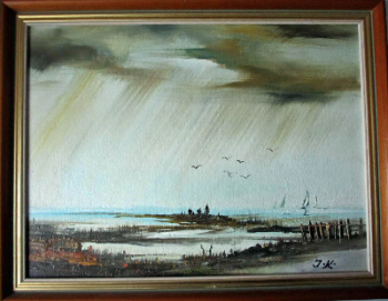 English Coastal Scene with Figures and Yachts, oil on board, signed monogram J.K., c1980.   SOLD  09.02.2014.