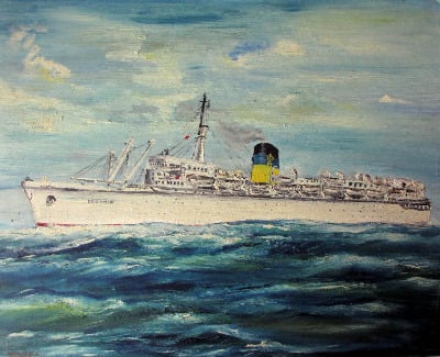 Q.S.S. Arkadia, Greek Line, oil on board, signed Pilota and original Greek