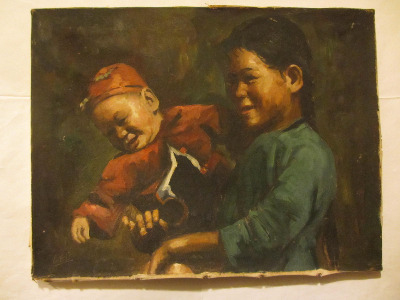 Portrait study of Chinese mother and baby, oil on canvas, signed Lee. c1950